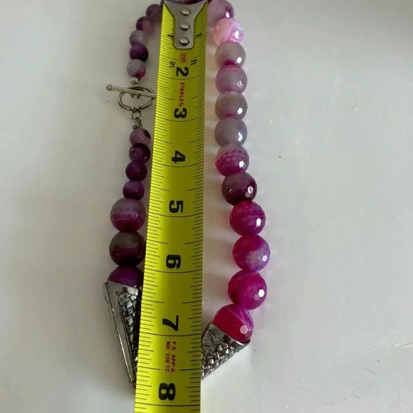 Agate Womens Silver Plated Round Beaded Necklace Multicolor Size 8" - Picture 3 of 9